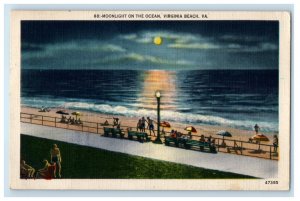 1952 Moonlight On The Ocean Moon View Virginia Beach Virginia VA Postcard