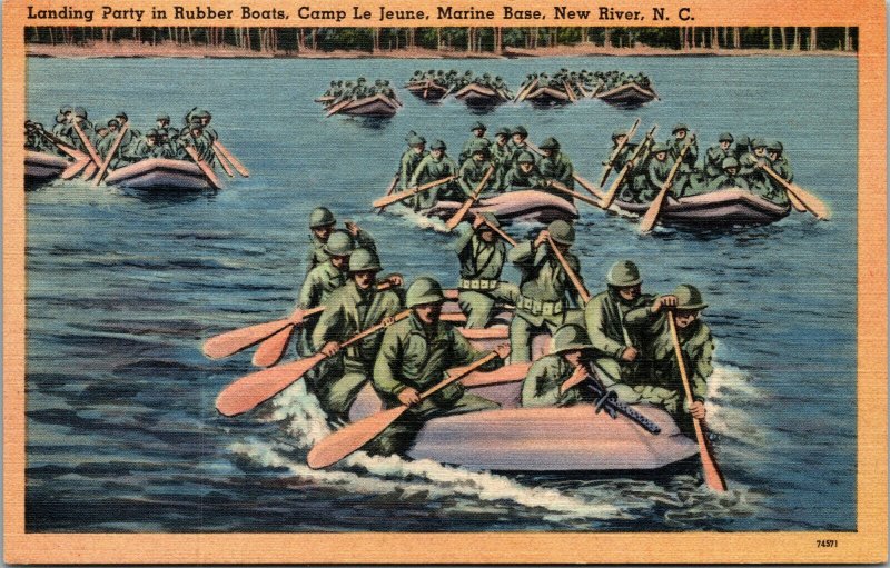 Vtg 1940s Landing Rubber Boats Camp Lejeune Marine Base New River NC Postcard