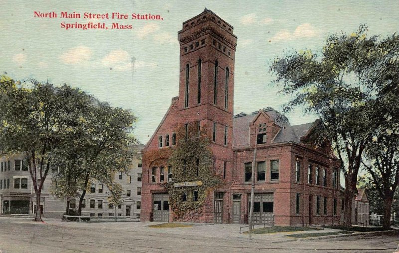 NORTH MAIN STREET FIRE STATION SPRINGFIELD MASSACHUSETTS POSTCARD (c. 1910)