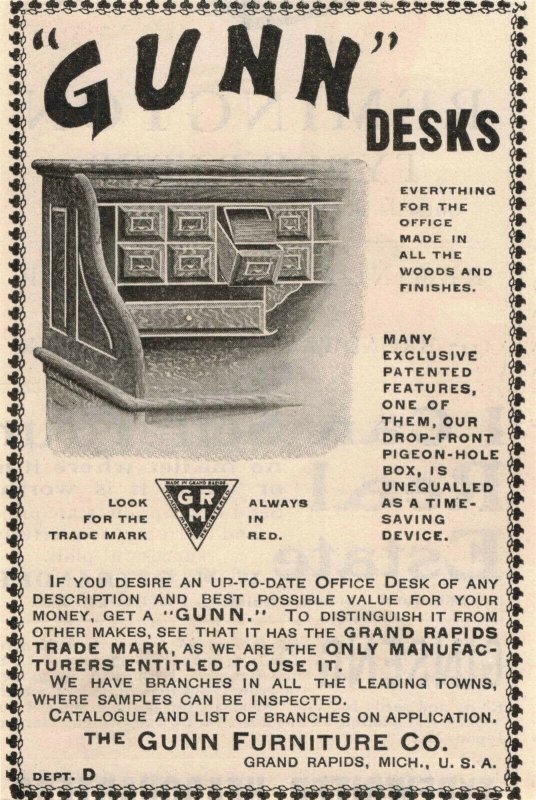 1903 Gunn Furniture Co. Desks Michigan Original Print Ad 2T1-47