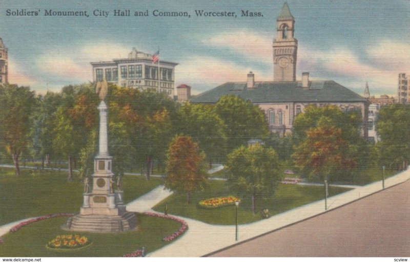 WORCESTER, Massachusetts, 1930-40s; Soldiers' Monument, City Hall & Common