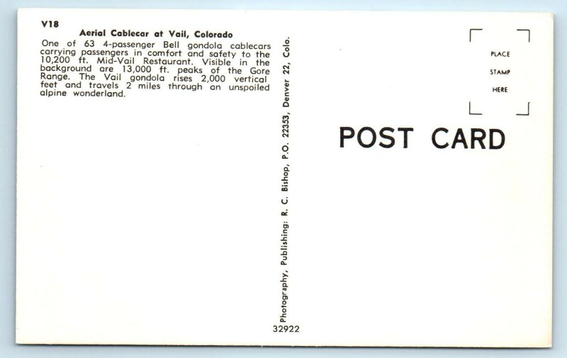 VAIL SKI AREA, CO Colorado ~ AERIAL CABLE CAR c1950s Eagle County Postcard
