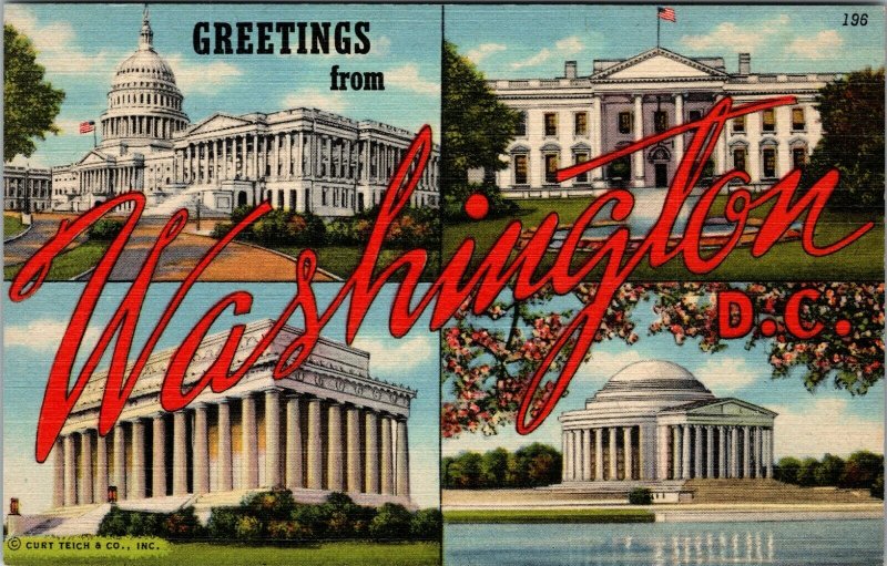 Vintage Postcard Greetings From Washington DC Large Letters Linen Era Curteich