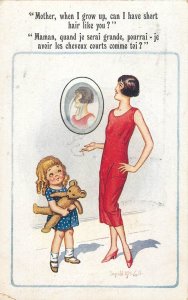 Humor comic caricature postcard mother mirror daughter girl teddybear