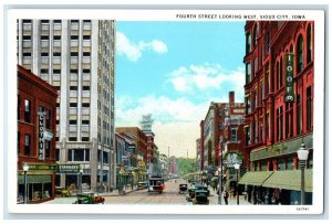 c1930's Fourth Street Looking West Trolley Cars Cafe Sioux City Iowa IA Postcard