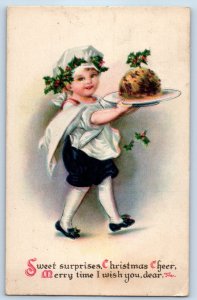c1910's Christmas Boy With Pudding Holly Berries Sandusky Ohio Antique Postcard