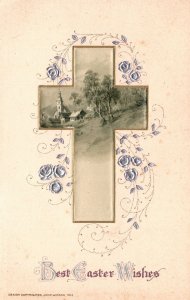 Vintage Postcard Best Easter Wishes Crucifix Landscape Background Holiday