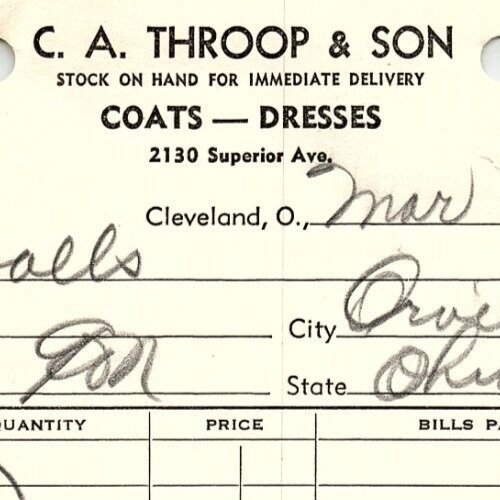 1939 C.A. THROOP & SON COATS-DRESSES CLEVELAND OHIO BILLHEAD INVOICE Z679