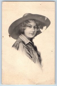 1913 Cowgirl Pretty Woman Curly Hair Big Hat Signed Artist Seattle WA Postcard