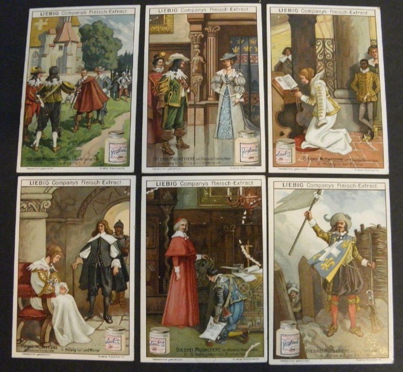 1901 COMPLETE SET/6 LIEBIG EXTRACT OF MEAT TRADE CARDS*THREE MUSKETEERS*S673