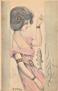 Beautiful Woman Fishing B. Patella Artist Art Nouveau Postcard