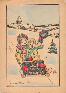 US4789 Knocke Eicke Children Sleigh, Neujahr Happy New Year