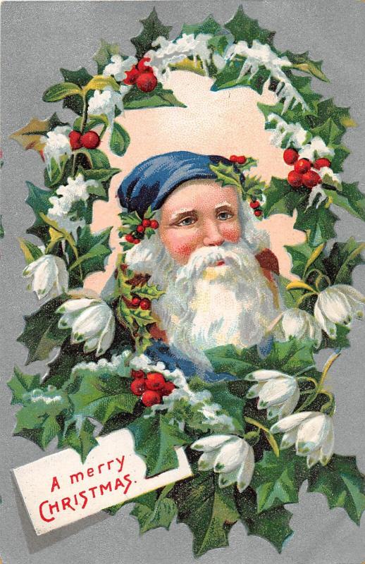 F61/ Santa Claus Merry Christmas Holiday Postcard c1910 Blue Suit Flowers 9