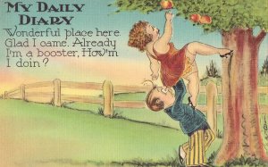 Linen Comic Postcard - Man and Woman Apple Tree Risque