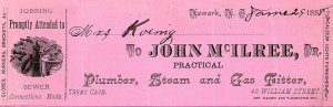 1888 NEWARK NJ JOHN MILREE PLUMBER STEAM AND GAS FITTER BILLHEAD STATEMENT Z1395