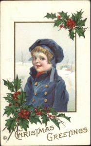 Christmas - Little Boy in Blue Coat & Hat 541D c1910 Postcard