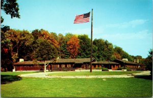 White Pines Forest Lodge Oregon IL Illinois American Flag VTG Postcard UNP