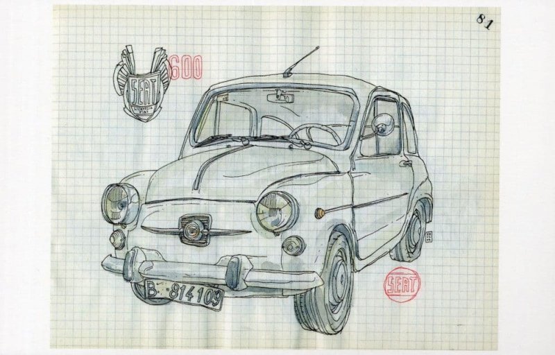 Seat Spanish Fiat Car 600 Spain Barcelona Sketch Painting Postcard