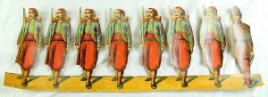 1870's-80's Die Cut Civil War Zouve Paper Toy Soldiers Strip 4 1/4 X 11 1/2