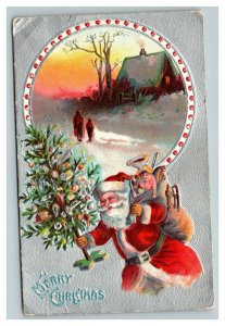 Vintage 1910's Christmas Postcard Santa Claus with Toys Xmas Tree Country Scene