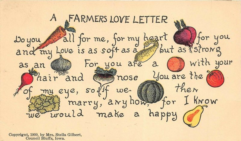 1909 Iowa Comic Postcard A FARMER'S LOVE LETTER Rebus Picture Puzzle