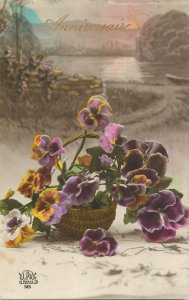 Flowers & plants greetings postcard birthday purple flower basket