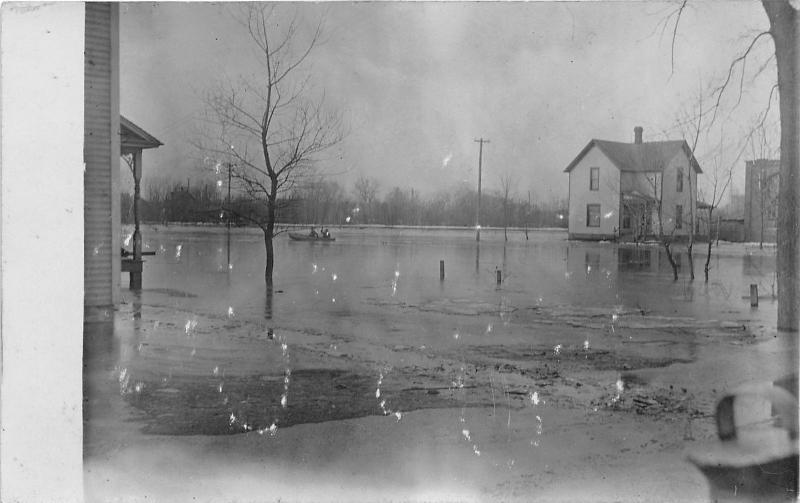 Michigan~Kalamazoo River Flood~Houses~People in Boat~Bare Trees~c1910 RPPC