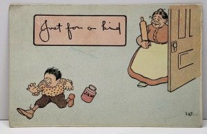 Just for a Kid Woman with Rolling Pin, Boy Runs with Jam 1916 Postcard G16