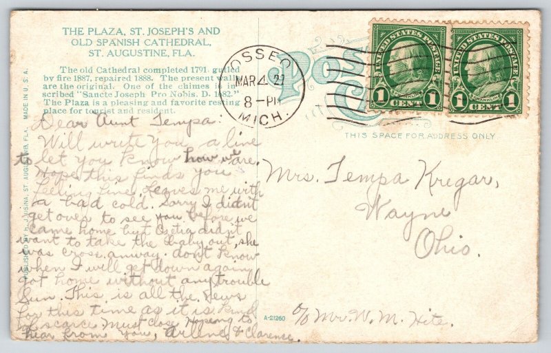 St Augustine Florida~The Plaza~St Joseph & Old Spanish Cathedral~c1910 Postcard