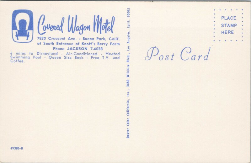 Buena Park CA Covered Wagon Motel Knott's Berry Farm Blue Car Postcard F68