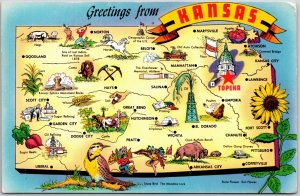 Kansas State Map Multi View Topeka, Buffalo, State Bird, Pratt, Vintage Postcard