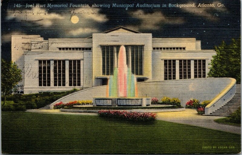 Vtg Joel Hurt Memorial Fountain Municipal Auditorium Atlanta Georgia GA Postcard