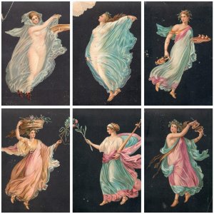 Set of 6 antique prints on paper glamour drawn ladies women fantasy