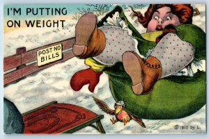 c1910's I'm Putting On Weight Fat Woman Fell On Sled Bird Winter Scene Postcard