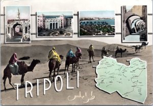 Postcard Libya - Triploli - map, camels, multiview