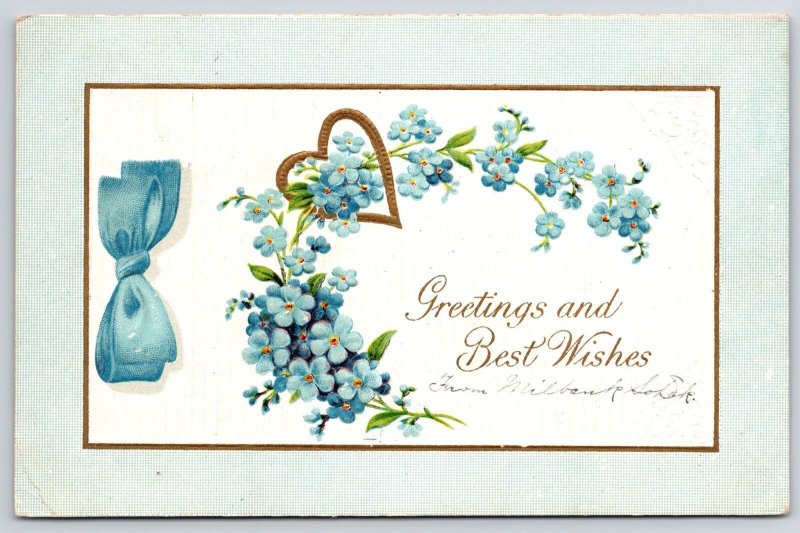 1910's Greetings And Best Wishes Blue Flower Petal & Ribbon Posted Postcard 