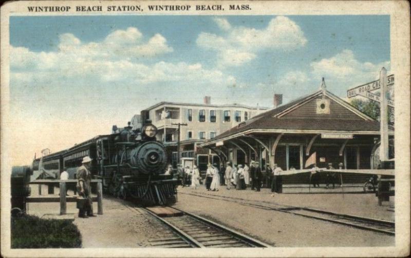 Winthrop Beach MA RR Train at Station Depot c1920 Postcard