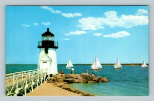Nantucket MA Brant Point Lighthouse Sailing Races Chrome Massachusetts Postcard