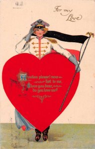 Valentine's Greetings Woman Holding German Empire Flag Vintage Postcard AA2461