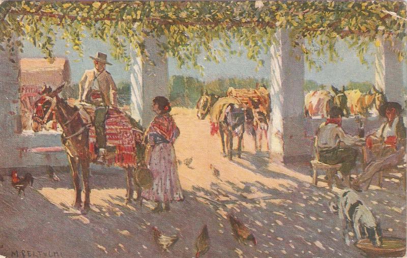 ·M. Bertuchi. El Ventorrillo, Sevilla. Horses  Fine painting Spanish PC 1920s