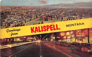 J17/ Kalispell Montana Postcard Chrome Greetings Night Scene Birdseye 33