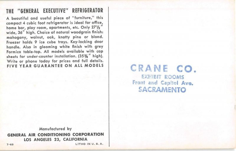 Mid-Century Modern General Executive Refrigerator Advertising 1950s Postcard