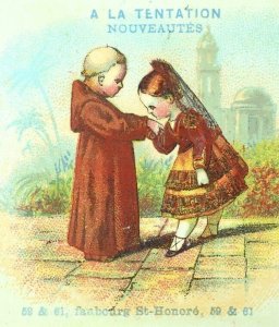 1877 A La Tentation Lovely French Mission Scene Calendar Trade Card F85