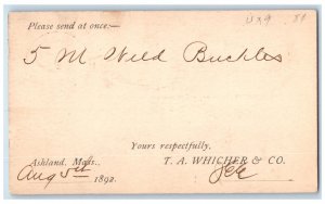 1892 5M Buckles T.A. Whicher & Co. Ashland MA Boston MA Postal Card
