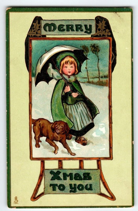 Christmas Postcard Dutch Girl Dog Umbrella Snow Ivy M. James Series 522 Tuck
