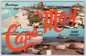 1970's GREETINGS FROM CAPE MAY NEW JERSEY NJ 4 VIEWS BEACH BOATS POSTCARD