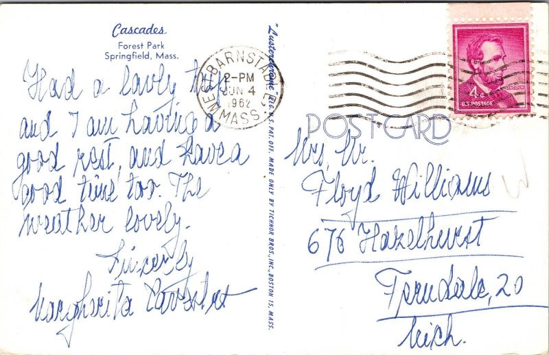 Cascades Forest Park Springfield Massachusetts MA Postcard PM Cancel WOB Note 