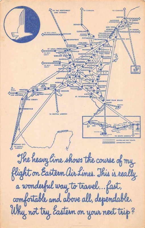 Eastern Air Lines Travel Map Advertising Vintage Postcard AA10551