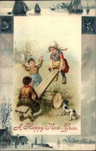 New Year Dutch Children Play on Seesaw Teeter Totter c1910 Vintage Postcard