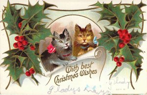 c.'07,Two  Cute Cats, Christmas Holly,  Old Post Card